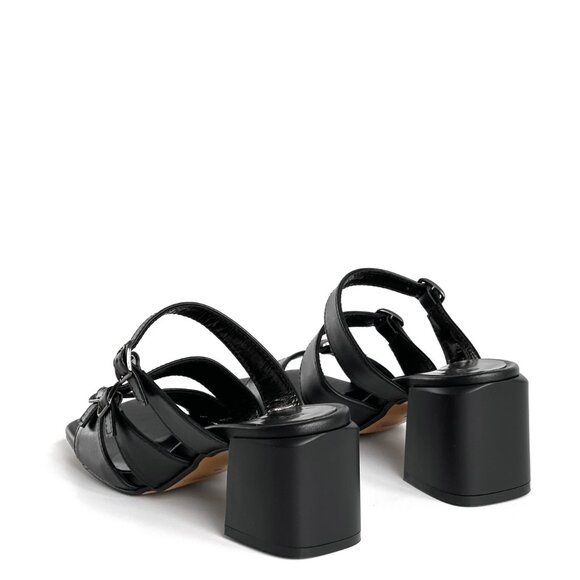 Women's Black Genuine Leather Block High Heeled Sandals, Square Open Toe Party - Picture 3 of 8